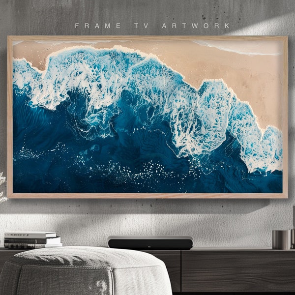 Samsung Frame TV Art Modern Spring Summer Ocean Waves and Beach, Deep Blue Tones, Modern Art for Tv (3840x2160)