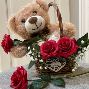 Sweetheart Bear Personalized Engraved Basket with Red Roses