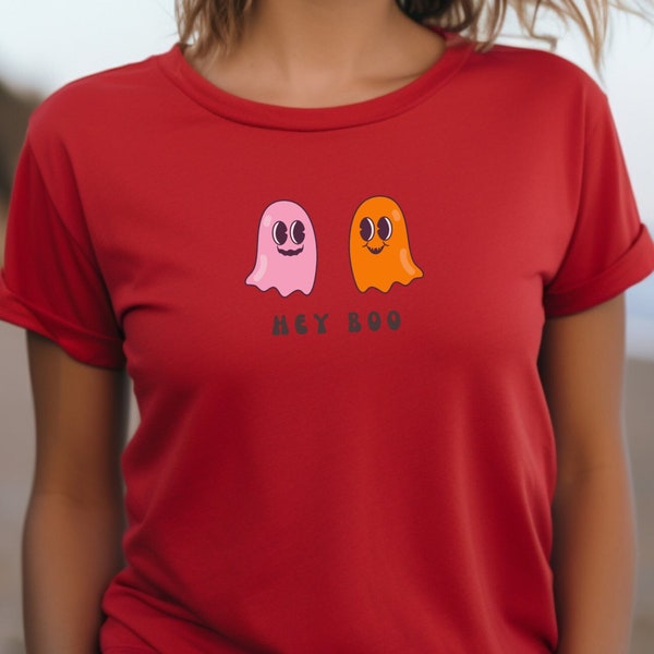 Groovy Ghost Friends Halloween T-Shirt, Vintage-inspiriertes gruseliges T-Shirt mit 'hey boo' Text, Trendy Halloween Fashion Retro Ghost Groovy Text