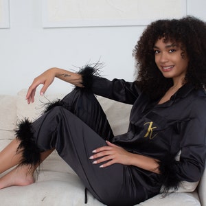 Black Satin Feathered Pajama Set