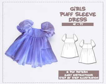 Girl Dress Sewing Pattern 4Y-7Y Puff Sleeve Dress Pattern Kids Dress Sewing Pattern Square Neck Dress PDF Pattern Party Dress Princess Dress