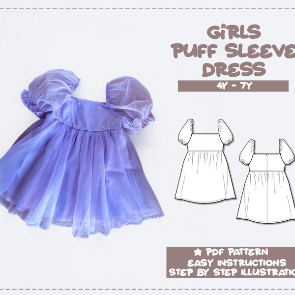 Robe de fille Patron de couture 4Y-7Y Puff Sleeve Dress Pattern Kids Dress Couture Pattern Square Neck Dress PDF Pattern Party Dress Princess Dress