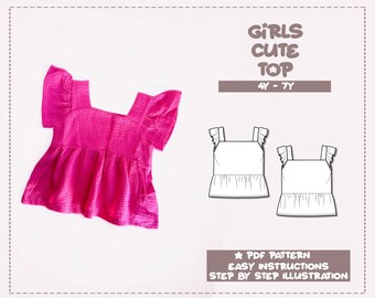 Kids Top Sewing Pattern Girls Blouse Pattern 4Y-7Y Gathered Waist Short Sleeve Peplum Top PDF Sewing Pattern