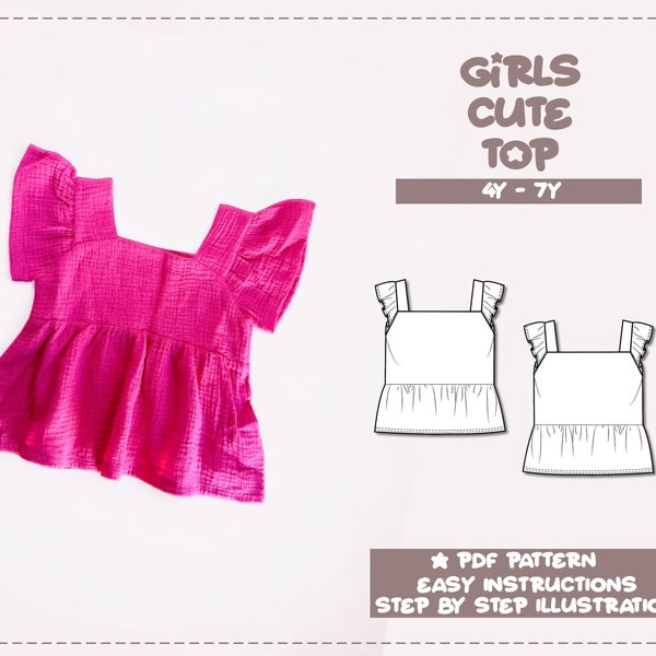 Kids Top Sewing Pattern Girls Blouse Pattern 4Y-7Y Gathered Waist Short Sleeve Peplum Top PDF Sewing Pattern