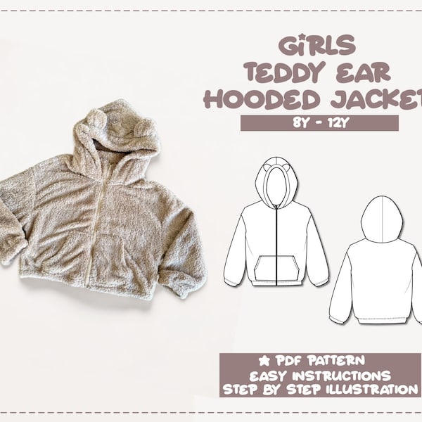 Girls Teddy Ear Hooded Jacket Sewing Pattern 8Y-12Y Kids Hoodie Pattern Kids Outerwear Sewing Pattern Girls Jacket PDF Pattern