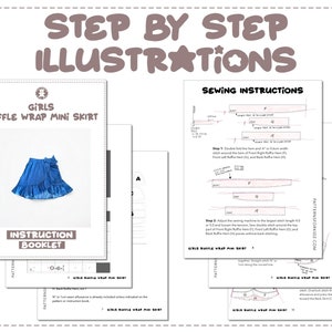 Girls Ruffle Wrap Mini Skirt sewing pattern step by step illustrations.