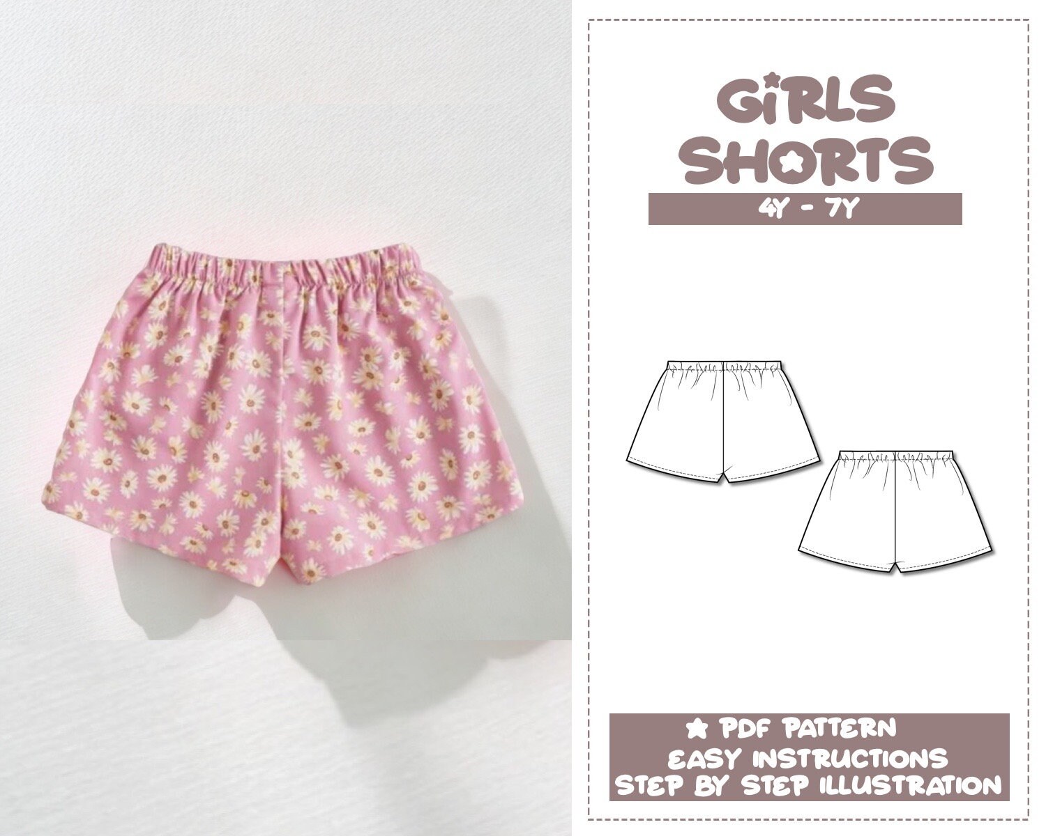 Kids Shorts Sewing Pattern Girls Shorts Pattern 4Y7Y Elastic Waist