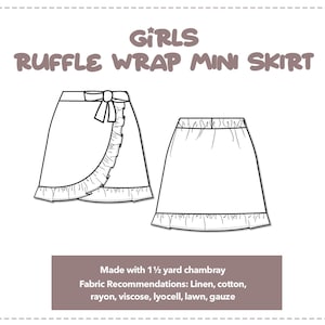 Illustration and detailed description for Girls Ruffle Wrap Mini Skirt sewing pattern.