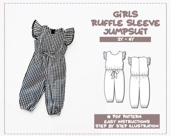 Girls Jumpsuit Sewing Pattern 2Y-6Y Girls Ruffle Sleeve Jumpsuit Sewing Pattern Kids PDF Pattern Toddler Girls Overall Sewing Pattern