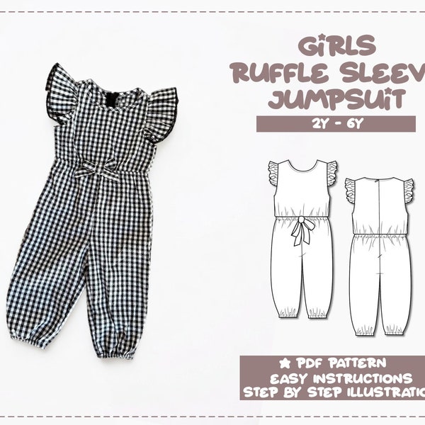 Girls Jumpsuit Sewing Pattern 2Y-6Y Girls Ruffle Sleeve Jumpsuit Sewing Pattern Kids PDF Pattern Toddler Girls Overall Sewing Pattern