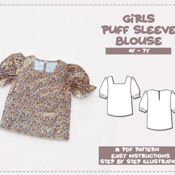Kids Top Sewing Pattern Girls Blouse Pattern 4Y-7Y Square Neck Puff Sleeve Blouse Sewing Pattern