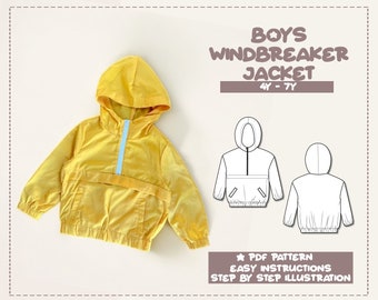 Boys Jacket Sewing Pattern 4Y-7Y Hoodie Jacket Pattern Kids Sewing Pattern Outerwear PDF Pattern Child Rain Jacket Sewing Pattern