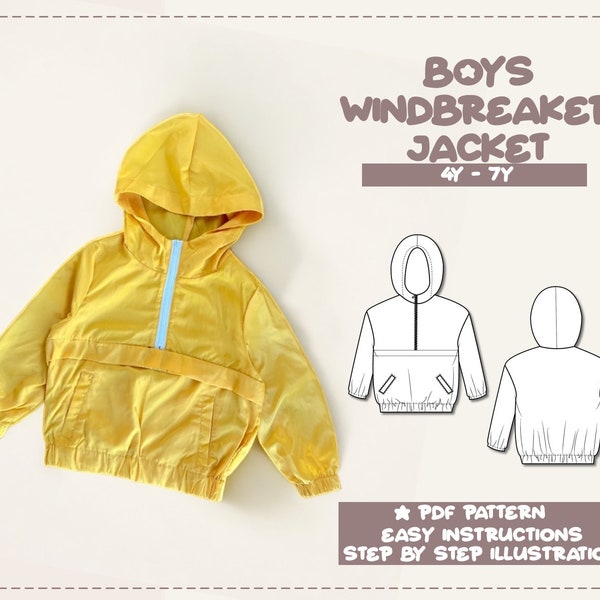 Boys Jacket Sewing Pattern 4Y-7Y Hoodie Jacket Pattern Kids Sewing Pattern Outerwear PDF Pattern Child Rain Jacket Sewing Pattern