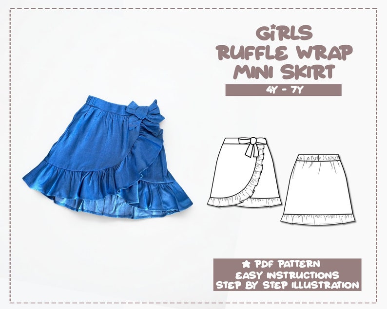 Girls Ruffle Wrap Mini Skirt pdf sewing pattern with easy instructions and step by step illustrations.