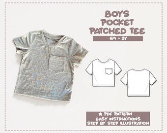 Boys Pocket Patched Tee Sewing Pattern 6M-3Y Kids T-Shirt PDF Pattern Toddler Tee Sewing Pattern Basic T-Shirt Pattern