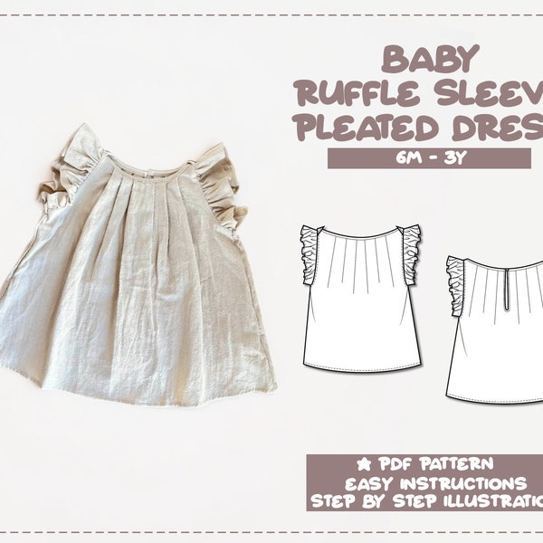 Patrón de costura de vestido de bebé 6M-3Y vestido de niña pequeña PDF patrón vestido de bebé patrón de costura bebé volante manga vestido plisado patrón de costura