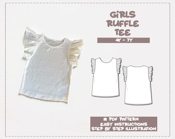 Kids Top Sewing Pattern Girls T-Shirt Pattern 4Y-7Y Ruffle Tee Sewing Pattern Girls Tee Shirt With Ruffles
