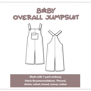 Illustration and detailed description for Baby Overall Jumpsuit sewing pattern.