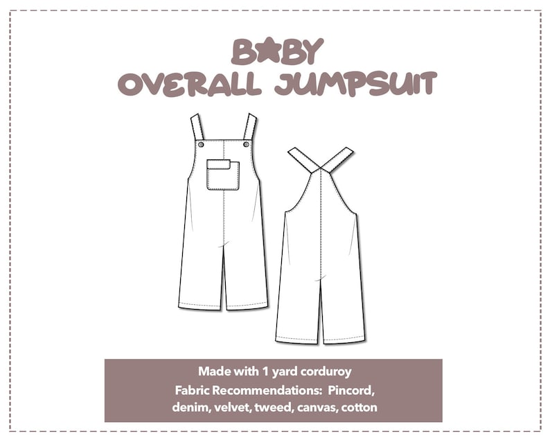 Illustration and detailed description for Baby Overall Jumpsuit sewing pattern.