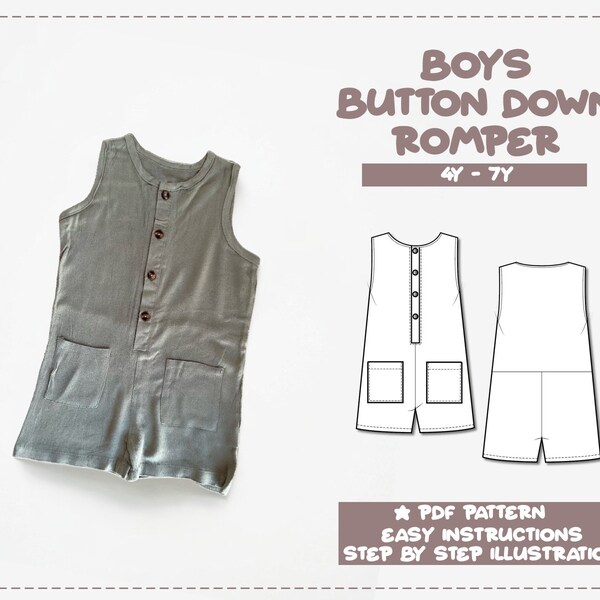 Romper Sewing Pattern 4Y-7Y Sleeveless Button Down Romper Pattern Jumpsuit Sewing Pattern Toddler Romper Pattern Kids Romper Sewing Pattern