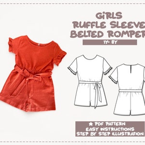 Girls Romper Sewing Pattern Ruffle Sleeve Jumpsuit Pattern 1Y-8Y Belted Romper Sewing Pattern