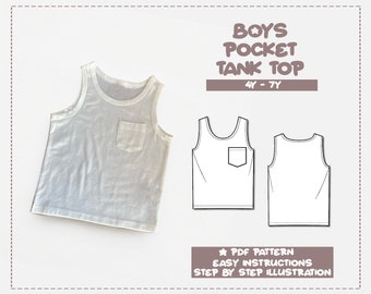 Schnittmuster für Tanktops für Kinder, Schnittmuster für Tanktops für Jungen, Schnittmuster für Tanktops für Jungen, 4–7 Jahre, Schnittmuster für Tanktops mit Tasche