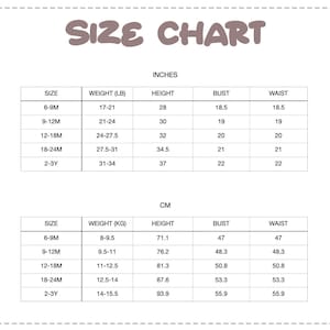 Patterns For Kidz size chart.