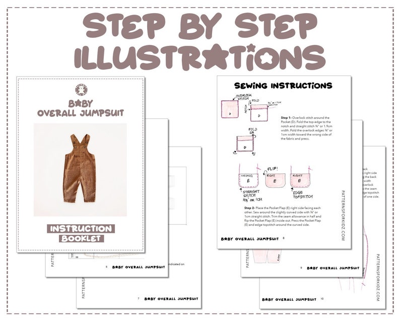 Baby Overall Jumpsuit sewing pattern step by step illustrations.