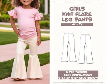Patron de couture de pantalons fille 4 ans-7 ans Patron de pantalons jambes évasées en tricot Patron PDF de leggings pour enfants