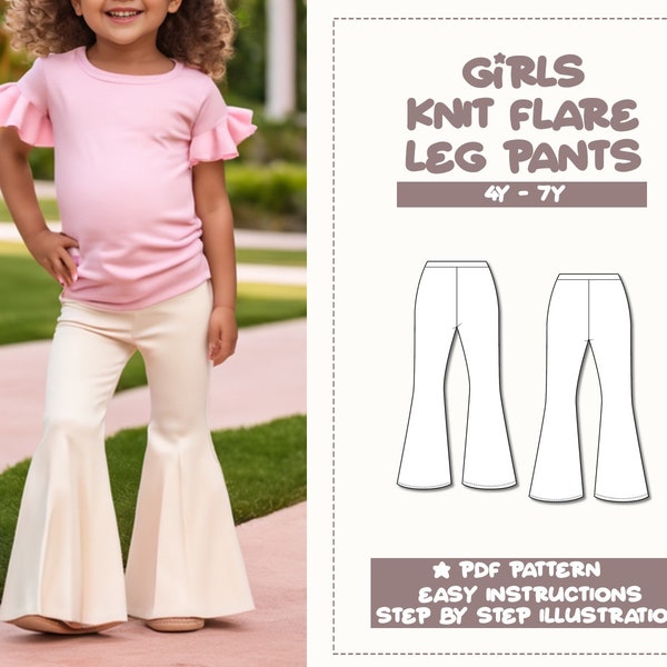 Girls Pants Sewing Pattern 4Y-7Y Flare Leg Pants Pattern Knit Pants Sewing Pattern Kids Leggings PDF Pattern