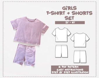Schnittmuster für T-Shirts und Biker-Shorts für Mädchen, Schnittmuster für T-Shirts und Shorts im 2. bis 6. Lebensjahr, Schnittmuster für Kinder-Shorts und Leggings-Schnittmuster für Kinder-T-Shirts