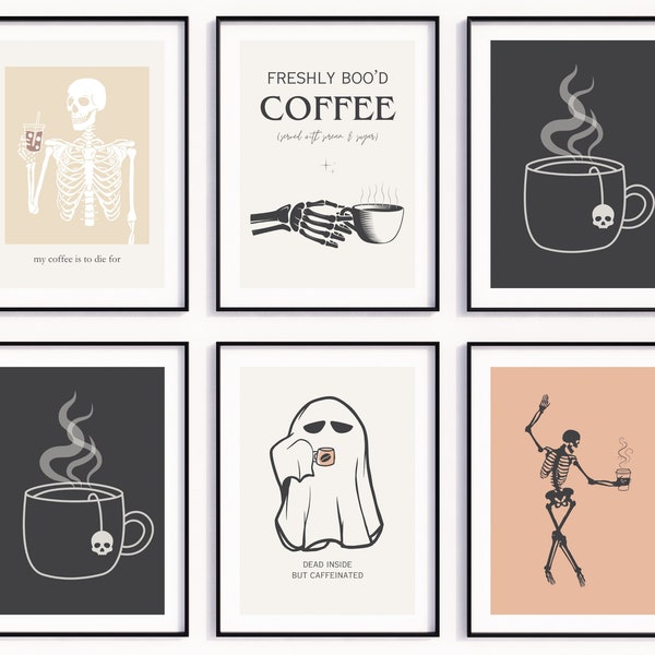 Halloween coffee print wall art bundle, halloween coffee sign, funny skeleton halloween bundle, skeleton coffee cup, simple fall decor