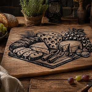 May include: Wooden cutting board with a black and white illustration of bread, cheese, grapes, and serving utensils. The board is rectangular and has a natural wood grain finish. A rustic food-themed design.