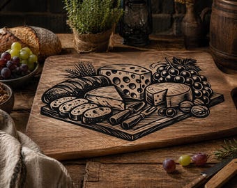 Cheese, bread and grape appetizer board – for laser engraving, SVG, PNG, PDF, DXF