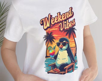 Weekend Vibes Unisex Tee, Summer Relaxation Shirt, Beach Party T-shirt, Penguin Shirt, Gift for Friends, Vacation Apparel, Cocktail Shirt