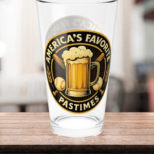 America&#39;s Favorite Pastimes Pint Glass, 16oz Beer Glass, Baseball Fan Gift, Pub Glassware, Home Bar Accessories, Sports Drinkware, Dad Gift
