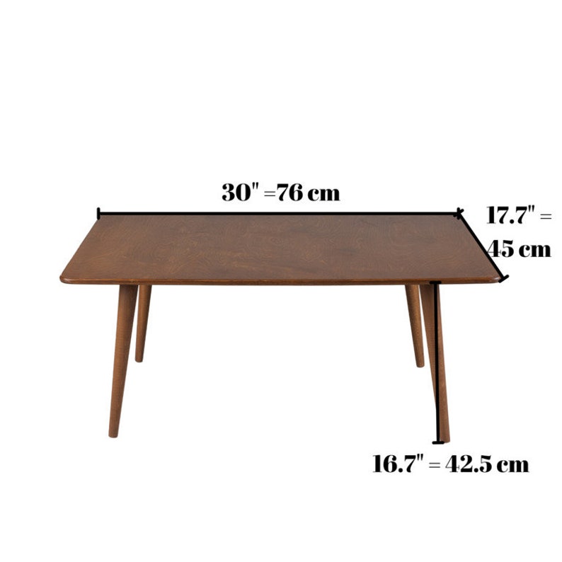 Our unique rectangle rustic style coffee table, available in solid walnut, teak, verde, gray, white, or black, featuring conical legs
