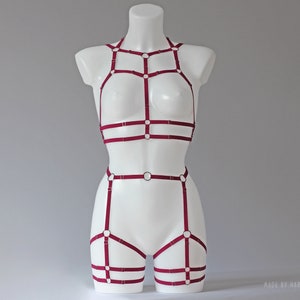 Rave Burgundy Harness Set with Harness Hands Accessories, Harness Belt, Harness Bra, Dance Outfit, Festival Outfit, Rave Outfit, BodyCage
