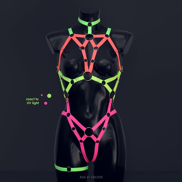 Traje neón para rave, ropa UV, atuendo para festivales, atuendo de baile, disfraz neón para rave, ropa para festivales, arnés para festivales, EDM, atuendo para Burning Man