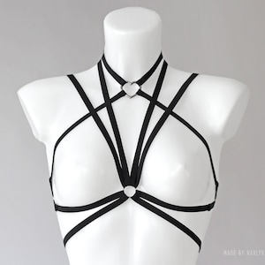 Harness Black Bra, Harness Choker With Heart, Cage Bra, Goth Harness, Rave Accessory, Festival Outfit, Cage Bralette, Goth Harness Outfit