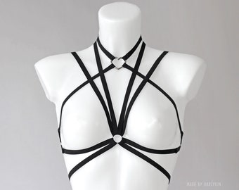 Harness Black Bra, Harness Choker With Heart, Cage Bra, Goth Harness, Rave Accessory, Festival Outfit, Cage Bralette, Goth Harness Outfit