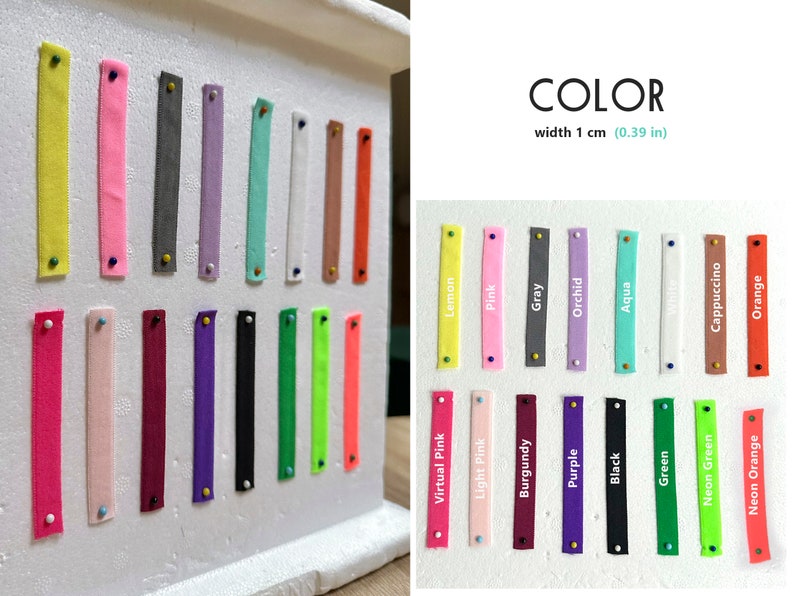 May include: A color chart of 16 different colors of ribbon, each color is labeled with its name. The ribbon is 1 cm (0.39 in) wide. The colors are: Lemon, Pink, Gray, Orchid, Aqua, White, Cappuccino, Orange, Virtual Pink, Light Pink, Burgundy, Purple, Black, Green, Neon Green, and Neon Orange.