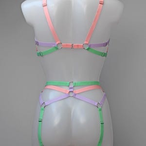 May include: A pastel pink, green and purple lingerie set with adjustable straps and rings. The set includes a bra and garter belt.