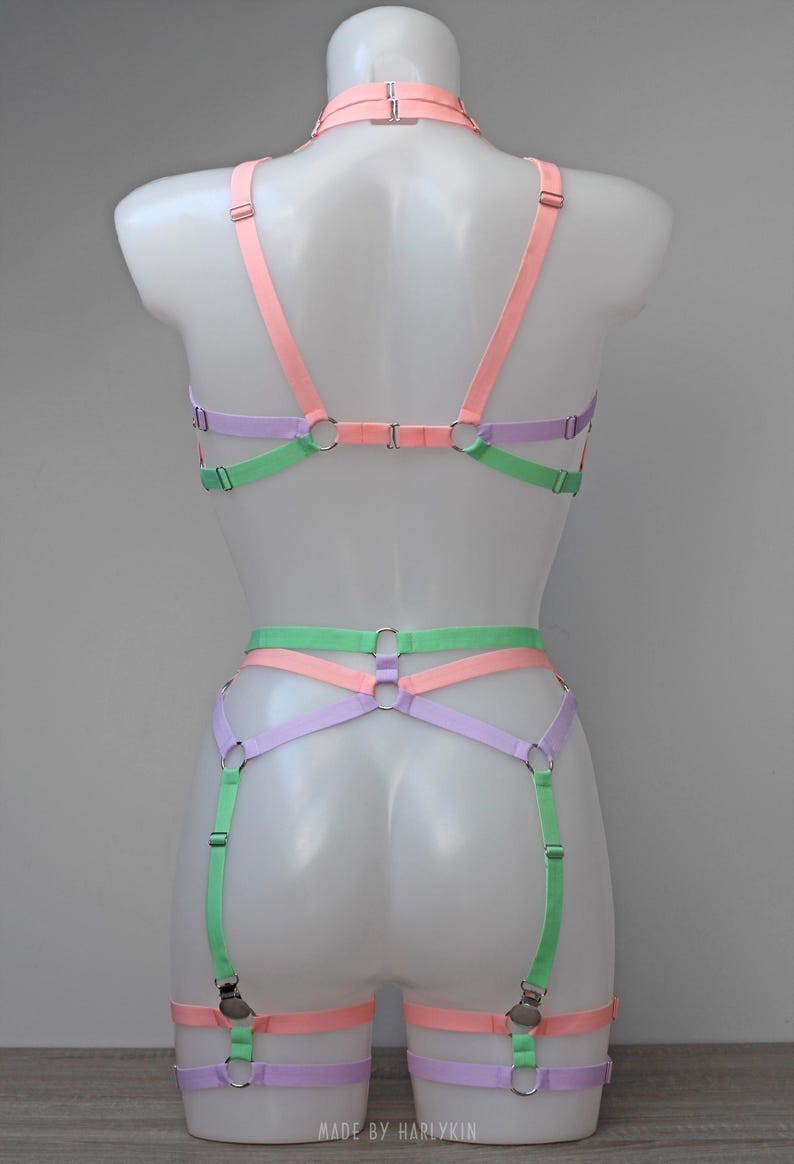 May include: A pastel pink, green and purple lingerie set with adjustable straps and rings. The set includes a bra and garter belt.
