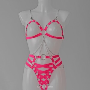 Pink Neon Rave Clothes, Woman Rave Outfit, UV Reactive Outfit, UV Neon Festival Costume, Harness Neon, Pink Rave, Burning Man Outfit