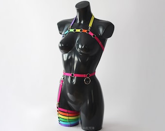May include: A rainbow-colored harness with metal rings and straps. The harness is made of a soft, stretchy material and is designed to be worn around the chest and waist.