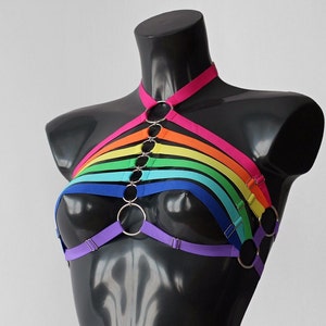 Rainbow Harness Bra, Pride Outfits, Harness Lingeries, Rave Outfits, Colorful Outfit, Festival LGBT, LGBT Outfit, Rainbow Jewelry, Cage Bra