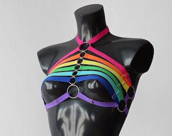 May include: A rainbow-colored harness with silver rings. The harness is made of multiple straps of different colors, including red, orange, yellow, green, blue, indigo, and violet.