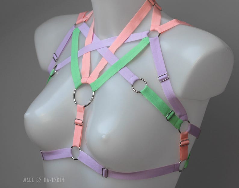 May include: A pastel pink, green and purple harness with silver rings. The harness is made of ribbon and is designed to be worn over the chest.