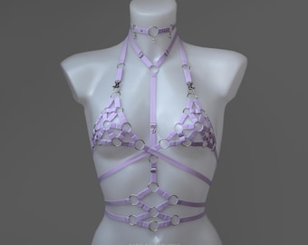 Rave Outfit, Orchid Top, Festival Clothing Woman, Harness Bra with Choker, Festival Outfit, Rave Accessories, Rave Bolero, Elastic Harness